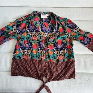Anthropologie Maeve Black Floral Print Blouse with Teal & Purple Accents